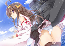 Rule 34 | 10s, 1girl, ahoge, ass, bare shoulders, boots, breasts, brown hair, cup, day, detached sleeves, hair ornament, hairband, japanese clothes, kantai collection, kongou (kancolle), long hair, medium breasts, mtu (orewamuzituda), ocean, panties, personification, sky, smile, solo, teacup, thigh boots, thighhighs, underwear, white panties