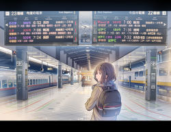 Rule 34 | 1girl, 3others, backpack, bag, bag charm, brown eyes, brown hair, charm (object), daito, from behind, indoors, jacket, letterboxed, long hair, looking at viewer, looking back, multiple others, original, scarf, solo focus, train, train station, train station platform, translation request