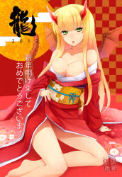 Rule 34 | 10s, 1girl, 2012, arm support, bare legs, bare shoulders, barefoot, blonde hair, blush, body blush, breasts, bursting breasts, cleavage, collarbone, dragon girl, dragon tail, dragon wings, egasumi, fang, floral print, green eyes, horns, japanese clothes, kimono, large breasts, legs, long hair, monster girl, new year, obi, off shoulder, open mouth, original, prime, sash, sitting, solo, tail, thighs, wings, yokozuwari