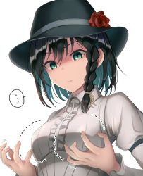 Rule 34 | 1girl, aqua eyes, asymmetrical hair, black hair, black hat, braid, breast conscious, breasts, closed mouth, collared shirt, commentary, dotted line, empty eyes, expressionless, flower, frilled shirt, frills, frown, fumei (mugendai), hair between eyes, hat, hat flower, highres, long sleeves, looking down, medium breasts, rose, scowl, shaded face, shirt, short hair, side braid, simple background, single braid, solo, touhou, upper body, usami renko, white background, white shirt, wing collar