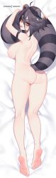 Rule 34 | 1girl, :p, ahoge, animal ears, arm belt, ass, barefoot, bed sheet, black-framed eyewear, black hair, breasts, censored, commentary, completely nude, dakimakura (medium), english commentary, feet, full body, glasses, hair between eyes, hair ornament, hairclip, highres, indie virtual youtuber, kneepits, large breasts, looking at viewer, looking back, lying, mosaic censoring, nail polish, nanoless, nude, on stomach, orange eyes, orange nails, raccoon ears, raccoon girl, raccoon tail, semi-rimless eyewear, short hair, shoulder blades, smile, snuffy (vtuber), snuffy (vtuber) (smilfy), soles, solo, striped tail, tail, tongue, tongue out, under-rim eyewear, virtual youtuber, x hair ornament