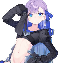 Rule 34 | 1girl, black jacket, blue eyes, blue ribbon, blush, breasts, coffeekite, collarbone, cropped jacket, fate/extra, fate/extra ccc, fate/grand order, fate (series), hair ribbon, highres, jacket, long hair, long sleeves, looking at viewer, meltryllis (fate), navel, purple hair, ribbon, sleeves past fingers, sleeves past wrists, small breasts, solo, very long hair, white background