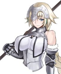 Rule 34 | 1girl, armor, bare shoulders, blonde hair, blue eyes, blush, braid, breasts, chain, closed mouth, elbow gloves, fate/grand order, fate (series), faulds, gauntlets, gloves, headpiece, jeanne d&#039;arc (fate), jeanne d&#039;arc (ruler) (fate), jeanne d&#039;arc (third ascension) (fate), jonylaser, large breasts, long hair, one eye covered, single braid, smile, solo