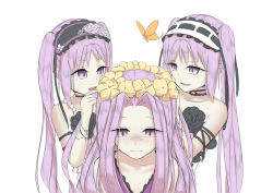 Rule 34 | 3girls, absurdres, bare shoulders, beads, black flower, blush, bug, butterfly, commentary request, dress, euryale (fate), fate/grand order, fate/hollow ataraxia, fate/stay night, fate (series), flower, hairband, head wreath, highres, bug, lolita hairband, long hair, medusa (fate), medusa (lancer) (fate), medusa (rider) (fate), multiple girls, open mouth, rider, siblings, sisters, smile, stheno (fate), strapless, strapless dress, twins, twintails, upper body, usaya, white flower, yellow flower