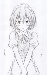 Rule 34 | alternate costume, anetani anne, apron, blush, bob cut, bow, bowtie, embarrassed, graphite (medium), hairband, highres, light frown, looking at viewer, maid apron, maid headdress, mechanical pencil, motion lines, murenase! shiiton gakuen, own hands together, pencil, potekite, raised eyebrows, short hair, sketch, solo, traditional media