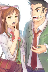 Rule 34 | 1boy, 1girl, ace attorney, apollo justice: ace attorney, ascot, bag, bandaid, black hair, brown hair, capcom, coat, dick gumshoe, ema skye, eyebrows, eyewear on head, facial hair, half updo, lab coat, long hair, magister, necktie, object behind ear, open mouth, pencil behind ear, ponytail, satchel, short hair, sleeves rolled up, snack, stubble, sunglasses, thick eyebrows, trench coat, yellow eyes