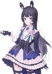 Rule 34 | 1girl, absurdres, black gloves, black hair, brooch, cowboy shot, frilled gloves, frills, gloves, hair ornament, hairclip, headset, highres, jewelry, long hair, long sleeves, looking at viewer, luozhou pile, nijisanji, purple eyes, simple background, smile, solo, thighhighs, tsukino mito, tsukino mito (13th costume), virtual youtuber, white background