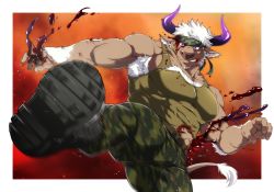 Rule 34 | 1boy, animal ears, armpit hair, armpits, bara, black footwear, blood, blood on clothes, blood on face, blood on hands, blood splatter, boots, border, brown fur, camouflage, camouflage pants, chest hair, cow ears, cow horns, facial hair, foot out of frame, furry, furry male, goatee, green tank top, highres, horns, male focus, minotaur, motion blur, muscular, muscular male, outside border, pants, pectoral cleavage, pectorals, purple eyes, purple horns, shennong (housamo), shirt, solo, tank top, tokyo houkago summoners, torn clothes, torn shirt, white border, white hair, yanai inaya