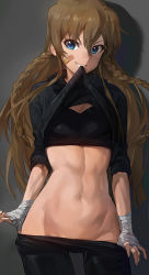 Rule 34 | &gt;:d, 10s, 1girl, :d, abs, bandages, bandaid, bandaid on face, bike shorts, black background, black bra, blue eyes, bra, braid, breasts, brown hair, cleavage, clothes lift, clothes pull, cowboy shot, female focus, hair between eyes, head tilt, idolmaster, idolmaster million live!, kousaka umi, lifting own clothes, long hair, midriff, modare, mouth hold, muscular, navel, open mouth, parted lips, pulling own clothes, shirt lift, shorts, shorts pull, simple background, skin tight, sleeves pushed up, small breasts, smile, solo, sports bra, standing, stomach, teasing, toned, twin braids, underwear, v-shaped eyebrows, very long hair, wide hips