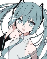 Rule 34 | 1girl, :d, aqua eyes, aqua hair, aqua necktie, bad id, bad pixiv id, bare shoulders, collarbone, collared shirt, commentary, detached sleeves, diffraction spikes, dot nose, giryu, hair between eyes, hand on headset, hatsune miku, headset, long hair, looking at viewer, microphone, necktie, open mouth, shirt, sleeveless, sleeveless shirt, smile, solo, symbol-only commentary, twintails, upper body, vocaloid, white background, wide sleeves