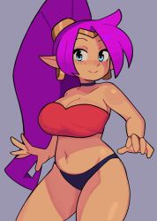 Rule 34 | 1girl, absurdres, bare arms, bikini, black choker, blue eyes, breasts, choker, cleavage, closed mouth, commentary, curvy, dark-skinned female, dark skin, earrings, grey background, highres, jewelry, large breasts, long hair, looking at viewer, navel, pointy ears, ponytail, purple hair, shantae, shantae (series), simple background, smile, solo, star (symbol), strapless, strapless bikini, swimsuit, thick thighs, thighs, very long hair, xeno (xenoglitch)