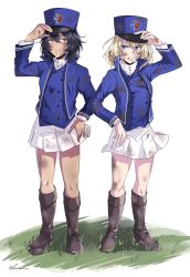 Rule 34 | 2girls, andou (girls und panzer), angry, bc freedom (emblem), bc freedom military uniform, black hair, blonde hair, blue eyes, blue headwear, blue jacket, blue vest, boots, brown eyes, chacoshi, dark-skinned female, dark skin, dirty, dirty clothes, dirty face, emblem, girls und panzer, hand on headwear, hat, high collar, highres, jacket, long sleeves, looking at another, medium hair, messy hair, multiple girls, oshida (girls und panzer), pleated skirt, shako cap, skirt, thighs, v-shaped eyebrows, vest, white skirt