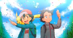 Rule 34 | 2boys, :d, ?, alternate color, artist name, ash ketchum, backpack, bag, baseball cap, black hair, blue eyes, brown eyes, chitozen (pri zen), closed mouth, cloud, commentary request, confused, creatures (company), day, eyelashes, game freak, gen 1 pokemon, goh (pokemon), green bag, hair ornament, hat, highres, jacket, legendary pokemon, long sleeves, male focus, mew (pokemon), multiple boys, mythical pokemon, nintendo, on shoulder, open mouth, outdoors, pikachu, pointing, pokemon, pokemon (anime), pokemon (creature), pokemon journeys, pokemon on shoulder, shiny pokemon, shirt, sky, smile, teeth, tongue