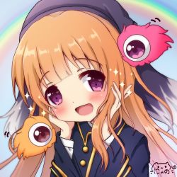 Rule 34 | 1girl, :d, black hat, black jacket, blush, character request, commentary request, hands on own face, hands up, hat, head tilt, heart, heart in eye, jacket, light brown hair, long hair, long sleeves, nyano21, ooarai school uniform, open mouth, princess connect!, purple eyes, rainbow, school uniform, shingeki no bahamut, signature, smile, solo, sparkle, symbol in eye, upper body, wide sleeves