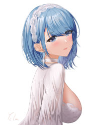 Rule 34 | 1girl, absurdres, azur lane, blue eyes, blue hair, breasts, chapayev (azur lane), chapayev (white cavalier&#039;s respite) (azur lane), dress, earrings, eyes visible through hair, from side, hair over one eye, hairband, highres, ichikushi mojibake, jewelry, large breasts, looking at viewer, looking to the side, official alternate costume, short hair, signature, simple background, solo, swept bangs, upper body, white background, white dress, white hairband