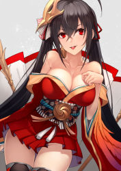 Rule 34 | 1girl, ahoge, azur lane, bare shoulders, black hair, blush, breasts, cleavage, collarbone, commentary request, floral print, grey background, hair between eyes, hair ornament, hair ribbon, hand on own chest, hip focus, japanese clothes, kimono, kyoeiki, large breasts, long hair, looking at viewer, obi, off shoulder, open mouth, red eyes, red kimono, ribbon, sash, short kimono, smile, solo, taihou (azur lane), tassel, thighs, tongue, tongue out, very long hair, wide sleeves
