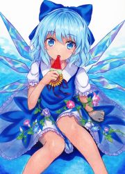 Rule 34 | 1girl, :o, arm up, blue background, blue bow, blue dress, blue hair, bow, cirno, commentary request, dress, eating, flower, food, hair between eyes, hair bow, head tilt, highres, kittona, knees together feet apart, looking at viewer, millipen (medium), morning glory, on ground, outstretched leg, painting (medium), pinafore dress, popsicle, puffy short sleeves, puffy sleeves, red ribbon, ribbon, short hair, short sleeves, sitting, sleeveless dress, solo, sunflower, tanned cirno, touhou, traditional media, undershirt, watercolor (medium), watercolor pencil (medium), watermelon bar, wings