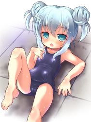 Rule 34 | 10s, 1girl, alternate hairstyle, barefoot, blue eyes, blue hair, blush, double bun, hair bun, hair up, hibiki (kancolle), kantai collection, long hair, lying, matching hair/eyes, miokuri, on back, one-piece swimsuit, school swimsuit, solo, swimsuit, twintails