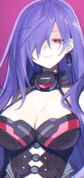 Rule 34 | 1girl, absurdres, blue hair, breasts, buran buta, cleavage, closed mouth, earrings, hair over one eye, highres, iris heart, jewelry, kami jigen game neptune v, long hair, looking at viewer, medium breasts, neptune (series), pink background, red eyes, simple background, smile, solo, upper body