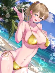 Rule 34 | 1girl, absurdres, beach, bikini, blue eyes, blue sky, breasts, brown hair, cleavage, cloud, commentary request, commission, cowboy shot, day, dutch angle, gold bikini, hand on own chest, highres, horizon, intrepid (kancolle), kantai collection, large breasts, lens flare, ocean, outdoors, palm tree, pixiv commission, ponytail, short hair, side-tie bikini bottom, sky, solo, swimsuit, tree, yoko hata