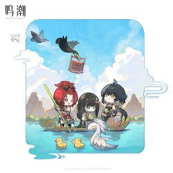 Rule 34 | 3girls, artist request, baizhi (wuthering waves), bird, black hair, chibi, chinese commentary, chixia (wuthering waves), cloud, commentary request, duck, female rover (wuthering waves), highres, long hair, multiple girls, official art, open mouth, outdoors, red hair, rover (wuthering waves), smile, water, wuthering waves