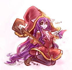 Rule 34 | 1girl, animal ears, bad id, bad pixiv id, bare shoulders, breasts, cleavage, colored skin, garter straps, green eyes, hat, league of legends, long hair, looking at viewer, lulu (league of legends), aged up, open clothes, open mouth, open shirt, pix (league of legends), purple hair, purple skin, shirt, solo, staff, sueyen, thighhighs, very long hair, wings