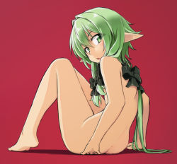 Rule 34 | 1girl, alto-00, ass, barefoot, black bow, bow, butt crack, completely nude, elf, feet, full body, goblin slayer!, green eyes, green hair, hair bow, hair over breasts, high elf archer (goblin slayer!), highres, looking back, nude, open mouth, pointy ears, sidelocks, sitting, solo