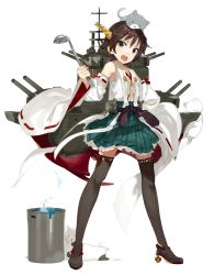 Rule 34 | &gt;:o, 10s, 1girl, :o, bad food, bare shoulders, blue eyes, brown hair, cat, detached sleeves, hairband, headgear, hiei (kancolle), japanese clothes, kantai collection, karei (hirameme), ladle, no legwear, nontraditional miko, open mouth, personification, pot, sarashi, short hair, skirt, smile, solo, thighhighs, v-shaped eyebrows