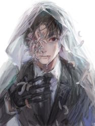 Rule 34 | 1boy, black eyes, black gloves, black hair, black jacket, black necktie, bug, commentary, covering with blanket, gloves, glowing, glowing eye, hand on own chest, highres, jacket, klein moretti, liaooooo, lips, looking at viewer, lord of the mysteries, mutation, necktie, shirt, simple background, solo, symbol-only commentary, white background, white shirt, worm