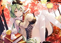 Rule 34 | 1girl, :3, absurdres, ahoge, akashi (azur lane), akashi (welcome to azurcon!) (azur lane), animal ear fluff, animal ears, ass, autumn, autumn leaves, azur lane, bell, beret, bird, black headwear, book, book stack, brown jacket, cat ears, cat girl, cat tail, chick, dress, dutch angle, forest, glasses, green hair, grey dress, hat, headband, highres, huge filesize, jacket, jingle bell, knees up, leaf, long hair, long sleeves, looking at viewer, manjuu (azur lane), maple leaf, mole, mole under eye, nature, open clothes, open jacket, outdoors, plaid, plaid dress, round eyewear, scarf, shiira (nya rl), sitting, sleeves past fingers, sleeves past wrists, slit pupils, solo, sunlight, tail, thighhighs, tongue, tongue out, tree, very long hair, white thighhighs, yellow eyes