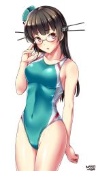 Rule 34 | 1girl, alternate costume, bare shoulders, beret, blush, breasts, brown hair, choukai (kancolle), collarbone, commentary request, competition swimsuit, covered navel, cowboy shot, finger to face, glasses, groin, hair between eyes, hair ornament, hat, headgear, highleg, highleg swimsuit, highres, kantai collection, long hair, looking at viewer, medium breasts, mini hat, one-piece swimsuit, open mouth, red eyes, simple background, solo, standing, swimsuit, tsuchimiya, white background