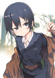 Rule 34 | 1girl, belt, black hair, brown coat, buttons, coat, collared shirt, double-breasted, female focus, formal, highres, kino (kino no tabi), kino no tabi, long coat, looking at viewer, off shoulder, pants, shirt, short hair, smile, solo, suit, tomurasuisen, white shirt