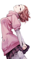 Rule 34 | 1girl, arched back, arms behind back, black skirt, breasts, brown hair, commentary request, cowboy shot, floral print, from side, grey eyes, highres, long sleeves, looking at viewer, mada tetsukazu, medium breasts, okumura haru, pantyhose, persona, persona 5, pink sweater, plaid, plaid skirt, pleated skirt, puffy short sleeves, puffy sleeves, short hair, short sleeves, simple background, skirt, solo, sweater, white background, white pantyhose