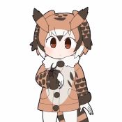 Rule 34 | 1girl, animal, animated, arm at side, beetle, bird tail, blinking, blush, brown coat, brown eyes, brown hair, bug, chibi, closed mouth, coat, commentary, eurasian eagle owl (kemono friends), expressionless, expressive hair, fur collar, gloves, hand up, insect, kemono friends, long sleeves, looking at another, looping animation, medium hair, multicolored hair, owl ears, pantyhose, pocket, simple background, smile, tail, taro (tontaro), video, white background, white hair