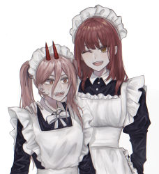 Rule 34 | 2girls, alternate costume, alternate hairstyle, apron, buttons, chainsaw man, collared dress, cross-shaped pupils, crosshair eyes, dress, enmaided, frills, hair between eyes, hair down, hand on shoulder, highres, long hair, maid, maid apron, maid headdress, makima (chainsaw man), medium hair, multiple girls, one eye closed, open mouth, pink hair, power (chainsaw man), red eyes, red hair, ribbon, ringed eyes, sharp teeth, sidelocks, simple background, smile, sweat, symbol-shaped pupils, teeth, twintails, upper body, user umwm5343, white background, white ribbon, yellow eyes