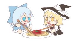 Rule 34 | 2girls, angry, apron, ascot, black dress, black footwear, blonde hair, blue bow, blue dress, blue hair, bow, braid, buttons, character doll, cirno, commentary, dirty, dirty clothes, dirty face, dress, eating, food, fork, frilled apron, frilled hat, frills, fumo (doll), hair bow, hat, hat bow, holding, holding fork, kirisame marisa, looking at another, multiple girls, pasta, pinafore dress, puffy short sleeves, puffy sleeves, short hair, short sleeves, simple background, skullchimes, sleeveless dress, spaghetti, touhou, waist apron, white bow, wings, witch hat, yellow eyes