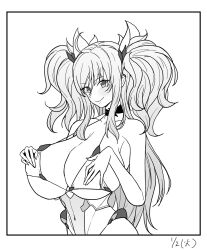 Rule 34 | 1girl, artist request, breasts, curvy, hands on own chest, highleg, highleg leotard, highres, huge breasts, impossible clothes, impossible leotard, leotard, long hair, looking at viewer, monochrome, narrow waist, onizaki kirara, revealing clothes, simple background, smile, solo, standing, taimanin (series), taimanin rpgx, taimanin suit, thong leotard, twintails, very long hair, white background, wide hips