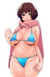 Rule 34 | 1girl, :o, arm at side, bikini, black eyes, blue bikini, blush, breasts, breasts apart, brown hair, cowboy shot, large breasts, looking down, moru (monaka), navel, original, plump, scarf, short hair, simple background, skindentation, solo, stomach, swimsuit, thick eyebrows, white background
