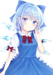 Rule 34 | 1girl, arm at side, arm up, bad id, bad pixiv id, blue dress, blue eyes, blue hair, blush, bow, bowtie, breasts, cirno, commentary, cowboy shot, dress, grin, hair ribbon, head tilt, light blush, looking at viewer, nibosi, pinafore dress, puffy short sleeves, puffy sleeves, red bow, red bowtie, ribbon, shirt, short hair, short sleeves, simple background, sleeve ribbon, sleeveless dress, small breasts, smile, solo, standing, touhou, w, white background, white shirt