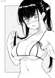 Rule 34 | 1girl, @ @, bikini, blush, breasts, cleavage, collarbone, embarrassed, greyscale, hand in own hair, kichihachi, large breasts, long hair, looking down, micro bikini, mole, mole on breast, mole under eye, monochrome, navel, nose blush, original, outside border, ribbon, simple background, solo, stomach, sweat, swimsuit, twintails, twitter username, upper body