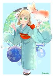 Rule 34 | 1girl, aki (girls und panzer), aqua kimono, black footwear, closed mouth, commentary, double m/, fish, fox mask, full body, furisode, girls und panzer, goldfish, green eyes, hair tie, highres, japanese clothes, kimono, light brown hair, long sleeves, looking at viewer, low twintails, m/, mask, mask on head, namatyoco, obi, sandals, sash, short hair, short twintails, smile, solo, standing, summer festival, tabi, twintails, twitter username, water yoyo, white legwear, wide sleeves