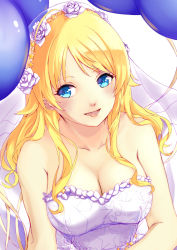 Rule 34 | 1girl, :d, balloon, bare arms, bare shoulders, blonde hair, blue eyes, breasts, cleavage, collarbone, commentary request, dress, flower, hachimiya meguru, hair flower, hair ornament, highres, idolmaster, idolmaster shiny colors, long hair, looking at viewer, medium breasts, mizuki (mizuki ame), open mouth, print dress, purple dress, purple flower, purple rose, rose, simple background, smile, solo, star (symbol), star print, strapless, strapless dress, swept bangs, upper body, veil, wedding dress, white background