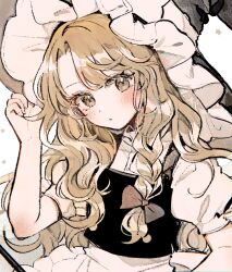 Rule 34 | 1girl, black vest, blonde hair, blush, bow, braid, brown eyes, commentary request, frills, grey bow, hair bow, hand on headwear, hat, kirisame marisa, long hair, looking at viewer, mozukuzu (manukedori), parted bangs, puffy short sleeves, puffy sleeves, shirt, short sleeves, side braid, simple background, single braid, solo, touhou, upper body, vest, white background, white shirt, witch hat