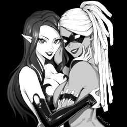 Rule 34 | 2girls, arm strap, artist name, brassica, breast press, breasts, character request, commission, dark-skinned female, dark skin, detached sleeves, domino mask, eyelashes, fingernails, greyscale, hand on another&#039;s back, hand on another&#039;s cheek, hand on another&#039;s face, large breasts, lawful evil comics, lips, long hair, mask, medium breasts, monochrome, multiple girls, pointy ears, sharp fingernails, symmetrical docking, upper body