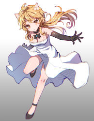 Rule 34 | 1girl, ahoge, animal ears, bare shoulders, black gloves, blonde hair, blush, bow, breasts, brooch, cat ears, choker, chromatic aberration, cleavage, dress, elbow gloves, gloves, gradient background, jewelry, long hair, mauve, original, simple background, sketch, solo, strapless, strapless dress, white dress, yellow eyes