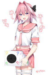 1boy astolfo_(fate) black_ribbon blush box clothes_lift commentary cowboy_shot cropped_shirt dress_shirt fang fate/grand_order fate_(series) hair_between_eyes hair_intakes hair_ribbon highres holding holding_box kitajima_yuuki looking_at_viewer navel neckerchief open_mouth paid_reward_available panties panty_pull pink_hair pink_neckerchief pink_sailor_collar pink_skirt purple_hair ribbon sailor_collar school_uniform shirt short_sleeves skin_fang skindentation skirt skirt_lift solo sound_effects sweat thighhighs tongue trap underwear white_panties white_shirt white_thighhighs zettai_ryouiki