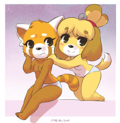 Rule 34 | 10s, 2girls, aggressive retsuko, animal crossing, animal ears, animal hands, arm up, artist name, barefoot, bell, blonde hair, blue panties, blush, blush stickers, border, breasts, brown eyes, collarbone, crossover, dated, dog, dog ears, dog tail, feet, female focus, full body, furry, furry female, gradient background, green eyes, hair bell, hair ornament, hand on another&#039;s shoulder, hand on own face, hand up, highres, isabelle (animal crossing), kneeling, looking at viewer, multiple girls, navel, nintendo, nipples, panties, purple background, red panda, retsuko, shinsuke, short hair, signature, sitting, small breasts, smile, tail, topless, underwear, white border