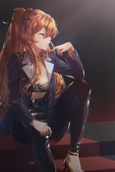 Rule 34 | 1girl, alternate costume, bad id, bad pixiv id, belt, black belt, black pants, blonde hair, blue eyes, blue jacket, bra, breasts, chain, cleavage, dai nikucho, grey bra, hair between eyes, high heels, highres, jacket, jewelry, long hair, long sleeves, necklace, neon genesis evangelion, open clothes, open jacket, pants, parted lips, profile, pumps, red footwear, shiny clothes, shiny skin, sitting, small breasts, solo, souryuu asuka langley, strapless, strapless bra, underwear, very long hair