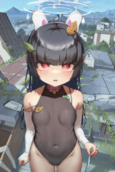 Rule 34 | 1girl, absurdres, ahoge, ai-assisted, alternate costume, animal ears, bare shoulders, bell, belt collar, black hair, black leotard, blue archive, blue sky, blunt bangs, blurry, breasts, bridal gauntlets, cityscape, cloud, cloudy sky, collar, commentary request, covered navel, cowboy shot, depth of field, elbow gloves, fake animal ears, from above, gloves, groin, hairband, halo, highleg, highleg leotard, highres, holding, holding clothes, holding panties, holding underwear, jingle bell, leaf, leaf on head, leotard, long hair, looking at viewer, miyu (blue archive), mountainous horizon, neck bell, outdoors, panties, parted lips, pink collar, playboy bunny, rabbit ears, red eyes, sidelocks, sky, sleeveless, sleeveless turtleneck leotard, small breasts, solo, striped clothes, striped panties, underwear, xiao xiao tian