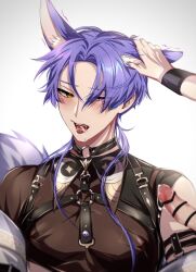 Rule 34 | 2boys, animal ear fluff, animal ears, armband, blush, censored, cum, cum in mouth, cum on tongue, drooling, ear wiggle, fangs, fox boy, fox ears, fox tail, hair over shoulder, half-closed eyes, hand on another&#039;s ear, heterochromia, highres, kuya (nu carnival), long hair, looking at penis, male focus, mole, mole under eye, multiple boys, nu carnival, open mouth, penis, petting, pointless censoring, purple eyes, purple hair, slit pupils, tail, teeth, tongue, tongue out, upper teeth only, white background, yadome810, yaoi, yellow eyes